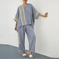 thumbnail image 1 of Pounoo Women's Two Piece Set Striped Print Linen Blend Tops and Trousers Coastal Summer Casual Oversized Comfort Outfits Gift, 1 of 5
