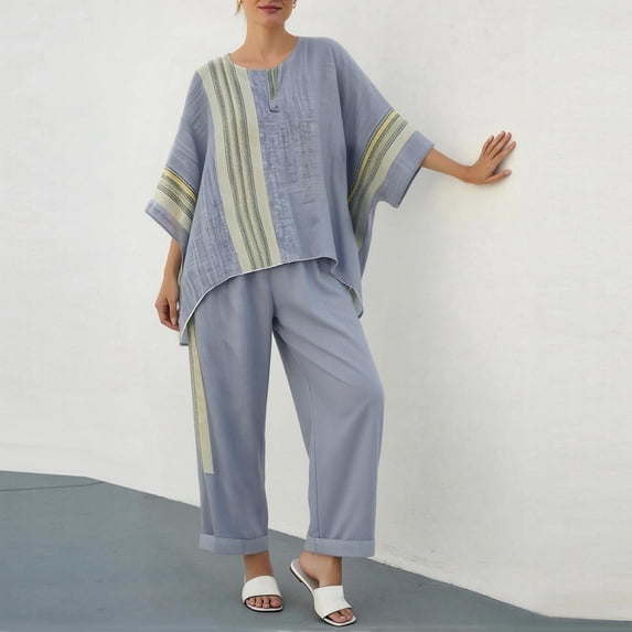 Pounoo Women's Two Piece Set Striped Print Linen Blend Tops and Trousers Coastal Summer Casual Oversized Comfort Outfits Gift