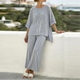 thumbnail image 1 of Pounoo Women's Two Piece Set Striped Print Linen Blend Tops and Trousers Coastal Summer Casual Oversized Comfort Outfits Gift, 1 of 5