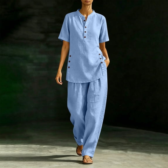 Pounoo Women's Two Piece Sets Linen Blend Button Trim Outfits Retro Leisure Vibe Lightweight Airy Daily Co‑ords Gift