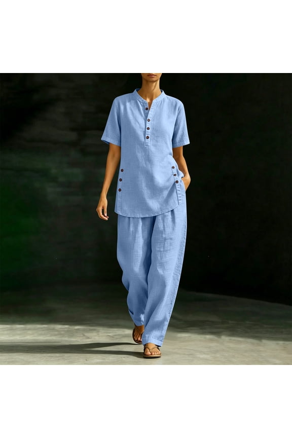 Women's Two Piece Sets Linen Blend Button Trim Outfits Retro Leisure Vibe Lightweight Airy Daily Co‑ords Gift