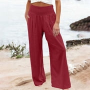 Pounoo Womens Wide Leg Pants High Waist Smocked Waist Crinkle Fabric Palazzo Pants for Modern Chic Timeless Elegance Lightweight Breathable Loose-Fit Trousers Gift