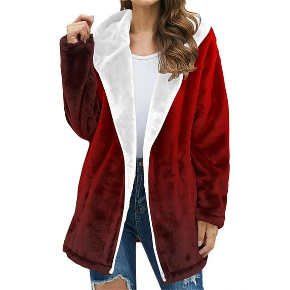 Pounoo Women's Winter Long Flannel Jackets Zip Up Hooded Vintage Colorblock Western Coats Fleece Lined Winter Coat with Side Pockets Gift