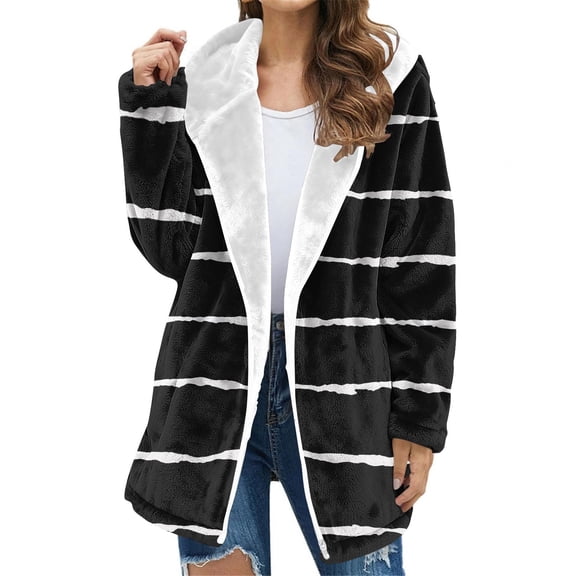 Pounoo Women's Winter Long Flannel Jackets Zip Up Hooded Vintage Colorblock Western Coats Fleece Lined Winter Coat with Side Pockets Gift