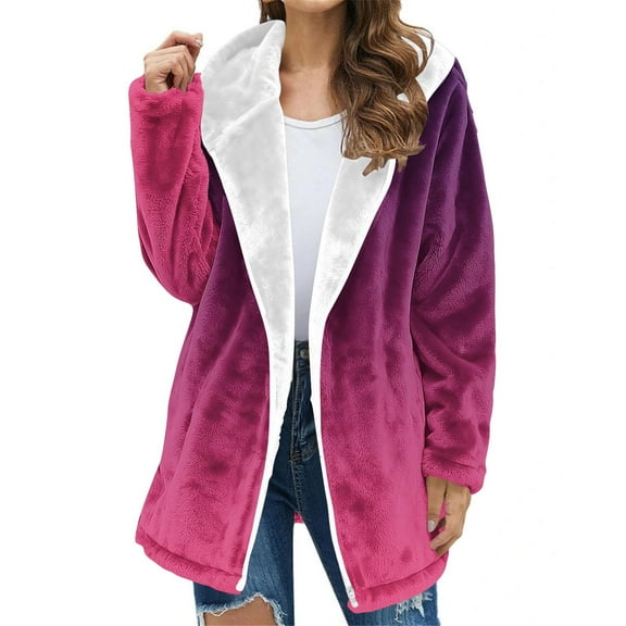 Pounoo Women's Winter Long Flannel Jackets Zip Up Hooded Vintage Colorblock Western Coats Fleece Lined Winter Coat with Side Pockets Gift