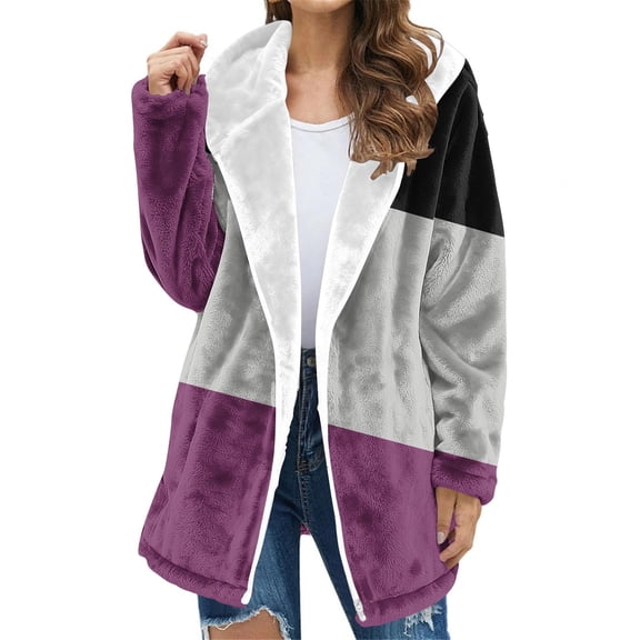 Pounoo Women's Winter Long Flannel Jackets Zip Up Hooded Vintage Colorblock Western Coats Fleece Lined Winter Coat with Side Pockets Gift