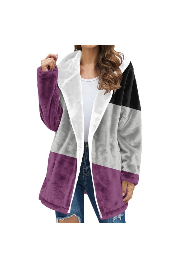Women's Winter Long Flannel Jackets Zip Up Hooded Vintage Colorblock Western Coats Fleece Lined Winter Coat with Side Pockets Gift