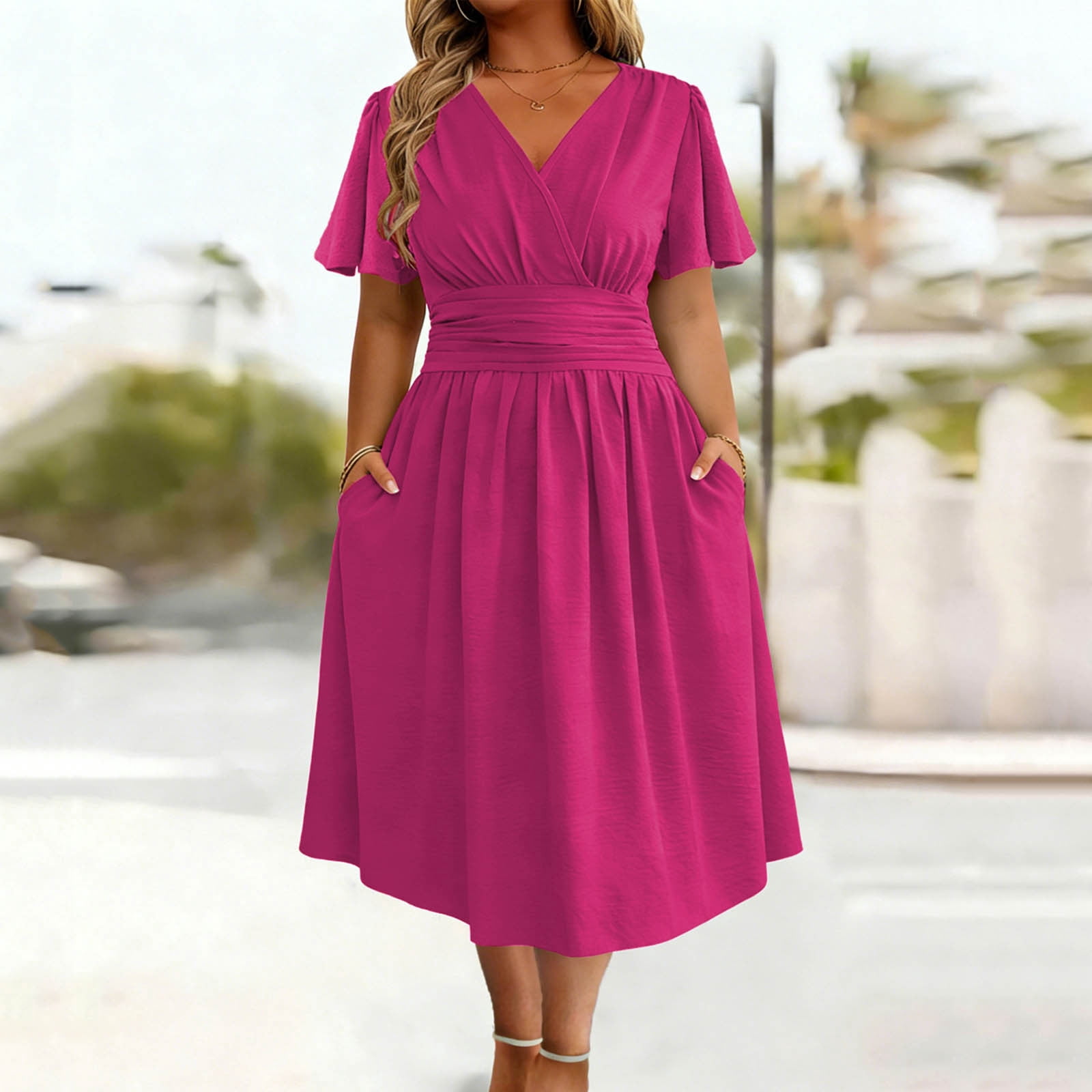 Pounoo Women's Wrap Dresses Short Sleeve V Neck Swing Dress With