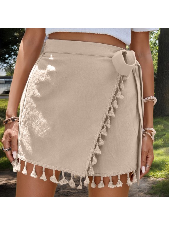 Women's Wrap Skirt Tie Waist Tassel Trim Casual Linen Blend Mini Skirt Lightweight Breathable Bohemian Resort Style Comfortable Bottoms Gift
