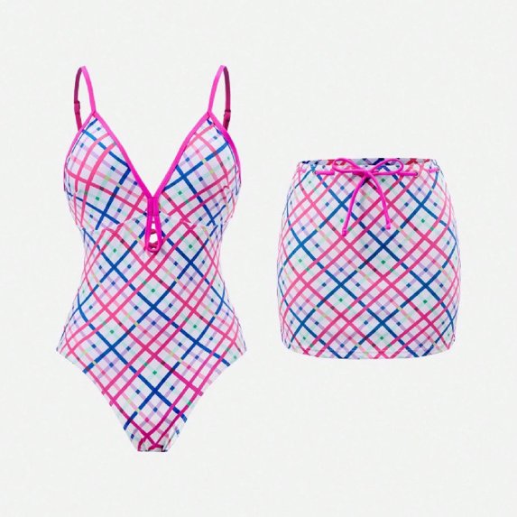 Pounoo Womens 2 Piece Swimsuits Sets Gingham Print V Neck One Piece Tie Front Skirt Summer Getaways Poolside Style Gift