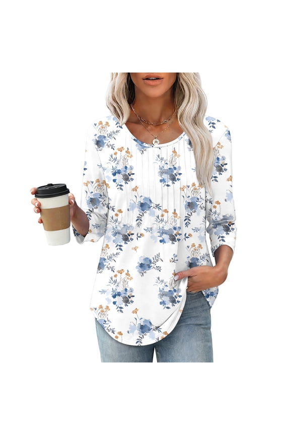 Womens 3/4 Length Sleeve Tops Spring Boho Floral Print Crewneck Flowy Tunic Blouses Dressy Casual Boho Shirts Trendy Ladies Clothes Gift