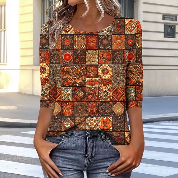 Pounoo Womens 3/4 Sleeve Tops Crewneck Floral Print Relaxed Fit Breathable Blouse Tropical Flower Vacation Casual Spring Summer Everyday Outfits Gift