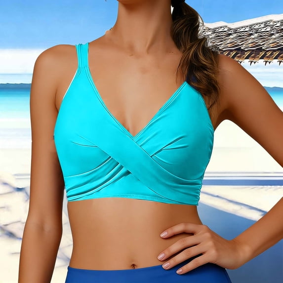 Pounoo Womens Bikini Tops Criss Cross V Neck Adjustable Straps Slim Fit Stretchy Breathable Swim Tops Bathing Suits Beach Wear Gift