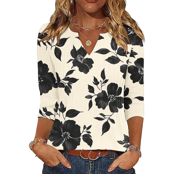 Pounoo Womens Blouses Floral Print V Neck 3/4 Sleeve Pleated Loose Fit Breathable Soft Pullovers Casual Daily Tops Boho Vacation Style Gift