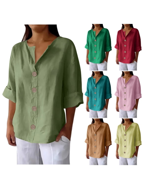 Womens Blouses Notched V Neck Big Button 3/4 Sleeve Shirts Roll Cuff Relaxed Fit Elegant Daily Tops for Women Gift