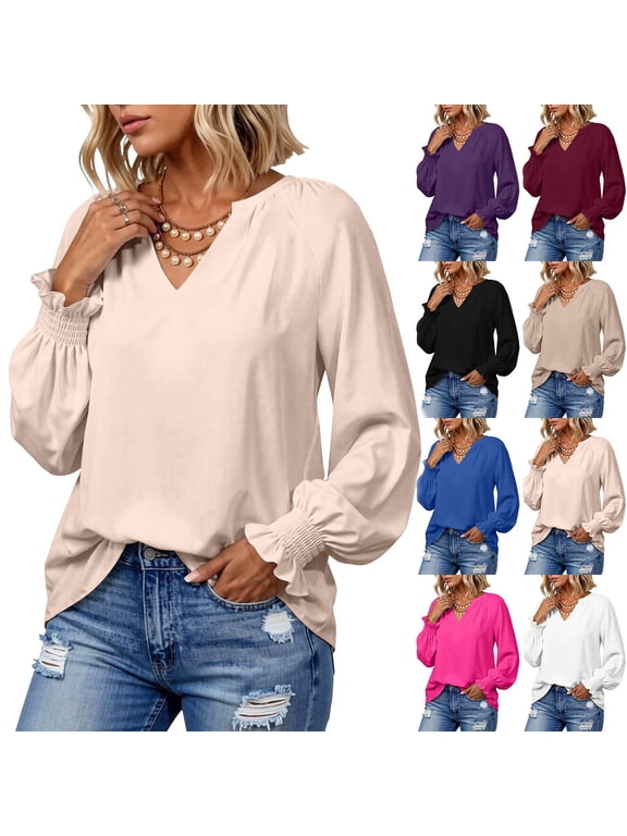 Womens Blouses V Neck Long Raglan Sleeve Elastic Cuff Bubble Sleeve Plain Work Casual Tops for Women Flowy Fit Outing Wrinkle Resistant Blouse