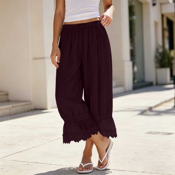 Pounoo Womens Capri Pants Drawstring Waist Cropped Length Floral Embroidered Hem Trim Capris Relaxed Fit Casual Summer Lightweight Womens Casual Cropped Trousers