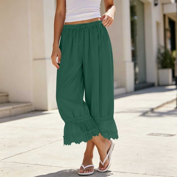 Pounoo Womens Capri Pants Drawstring Waist Cropped Length Floral Embroidered Hem Trim Capris Relaxed Fit Casual Summer Lightweight Womens Casual Cropped Trousers