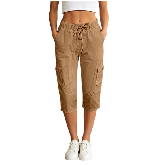 Pounoo Womens Cargo Capri Pants Elastic Waist Cargo Pocket Cropped Plain Womens Outdoor Capris Relaxed Fit Outdoor Activities Breathable Womens Casual Cargo Pants