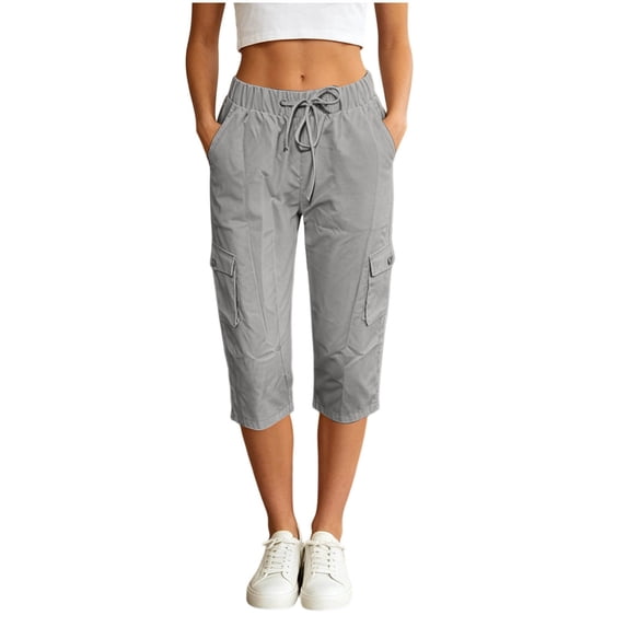 Pounoo Womens Cargo Capri Pants Elastic Waist Cargo Pocket Cropped Plain Womens Outdoor Capris Relaxed Fit Outdoor Activities Breathable Womens Casual Cargo Pants