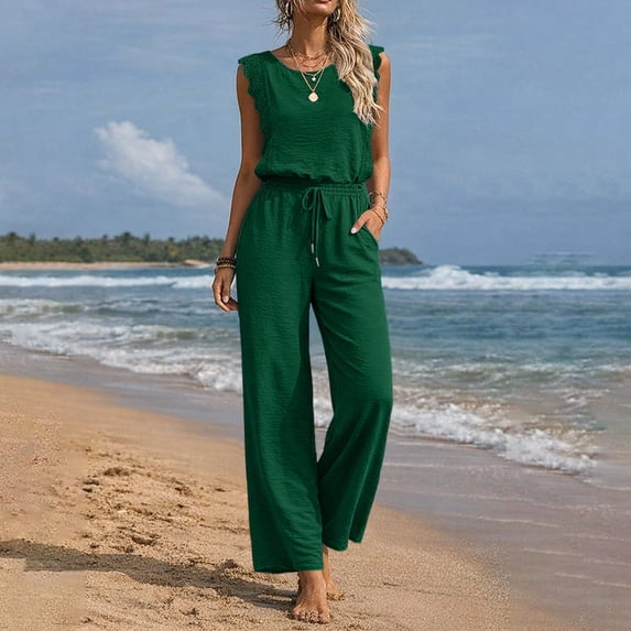 Pounoo Womens Casual Jumpsuits Sleeveless Textured Plain Drawstring Overalls Casual Loose Breathable Soft Stretchy Vacation Wear Gift