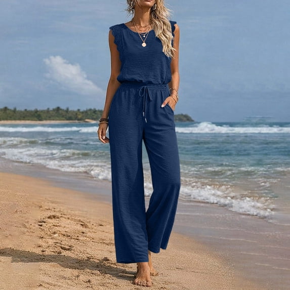 Pounoo Womens Casual Jumpsuits Sleeveless Textured Plain Drawstring Overalls Casual Loose Breathable Soft Stretchy Vacation Wear Gift