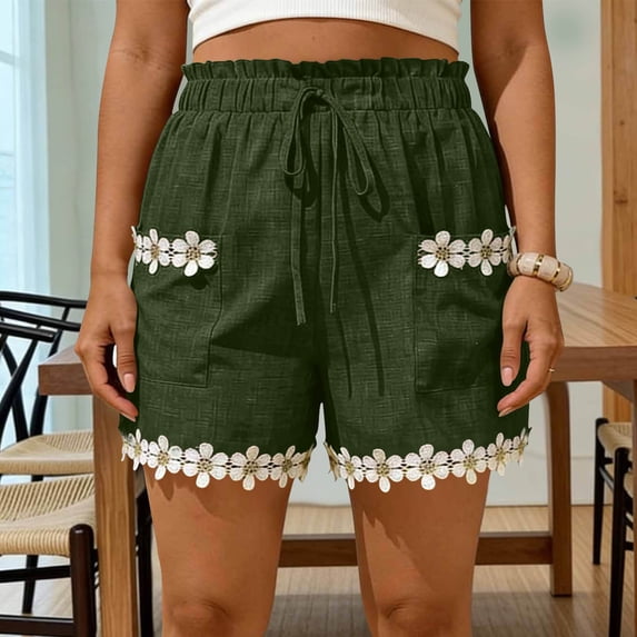 Pounoo Womens Casual Shorts Elastic Waist Drawstring Floral Embroidered Shorts Modern Chic Style Comfortable Versatile Everyday Shorts Gift