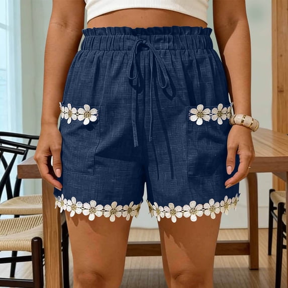 Pounoo Womens Casual Shorts Elastic Waist Drawstring Floral Embroidered Shorts Modern Chic Style Comfortable Versatile Everyday Shorts Gift