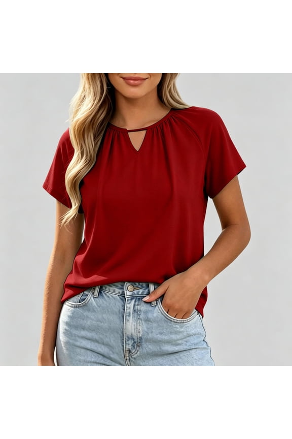 Womens Casual Tops Keyhole Notch V Neck Short Sleeve Raglan Shoulder Plain Short Sleeve Tops for Women Relaxed Fit Everyday Wear Comfortable Basic Tees for Women