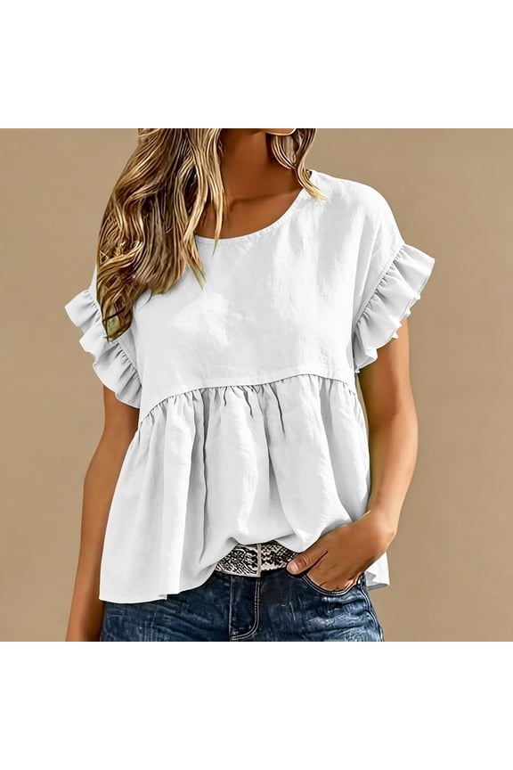 Womens Casual Tops Round Neck Short Sleeve Ruffle Raglan Shoulder Peplum Waist Plain Womens Casual Tops Relaxed Fit Everyday Wear Soft Basic Tees for Women
