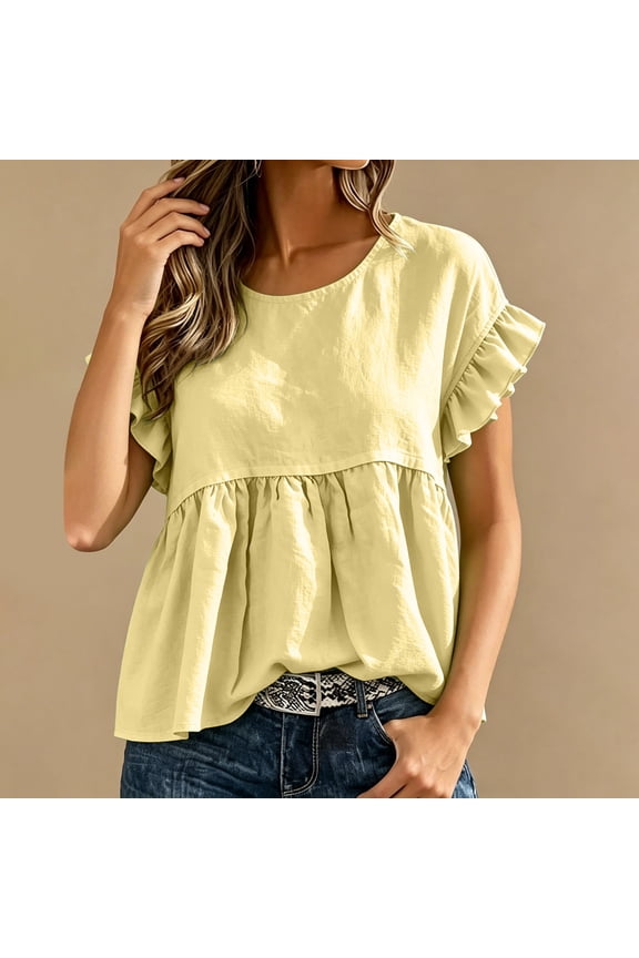 Womens Casual Tops Round Neck Short Sleeve Ruffle Raglan Shoulder Peplum Waist Plain Womens Casual Tops Relaxed Fit Everyday Wear Soft Basic Tees for Women
