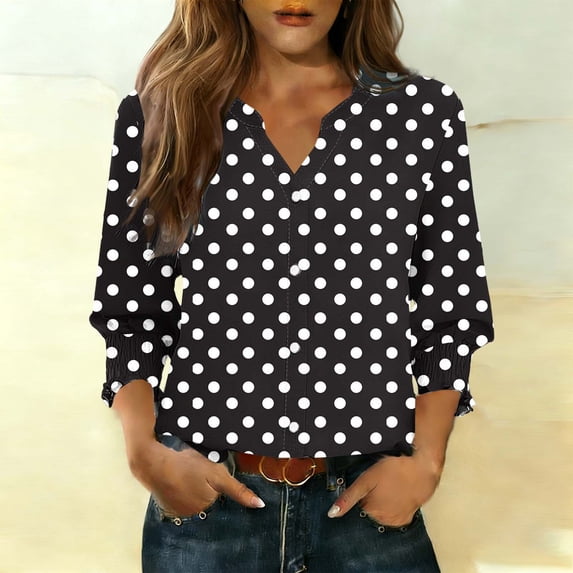 Pounoo Womens Colorblock Tops 3/4 Sleeve V Neck Button Up Relaxed Fit Blouses Breathable Office Casual Spring Summer Outfits Gift