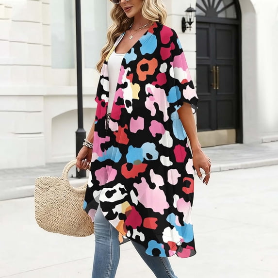 Pounoo Womens Cover Ups Tropical Floral Print Open Front Kimono Cardigans Lightweight Beach Cover Ups Gift