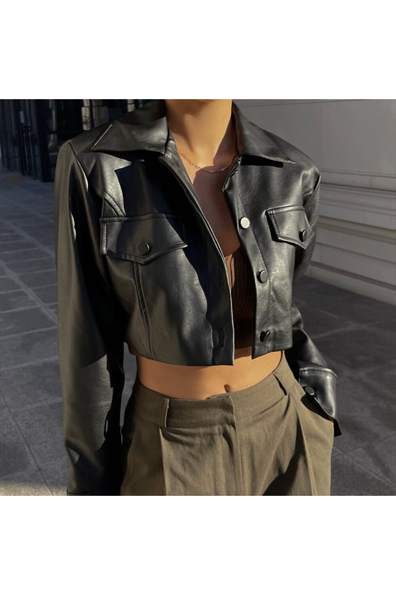 Womens Cropped Leather Jackets Faux Leather Motorcycle Long Sleeve Jacket Moto Biker Coat Y2k Short Lightweight Bomber Coats
