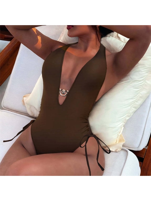 Womens Deep V One Piece Swimsuits Metal Buckle Detail Side Tie High Cut Monokinis Stylish Beach Pool Wear Gift