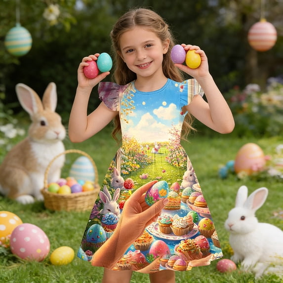 Pounoo Womens Dresses Bunny Print Ruffle Sleeve Loose Fit Breathable Casual Vacation Style (Not for Adults) Gift