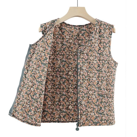 Pounoo Womens Floral Print Quilted Vest Open Front Ethnic Print Waistcoat Puffer Cropped Lightweight Vest Loose Fit Sleeveless Cardigan Gift