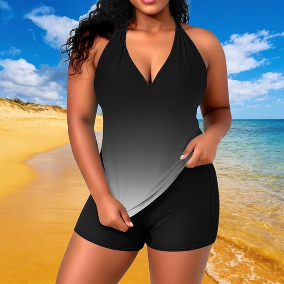 Pounoo Womens Gradient Tankini Sets Halter Neck Tops High Waisted Shorts Modest Two Piece Bathing Suits Plus Size Beach Wear Gift