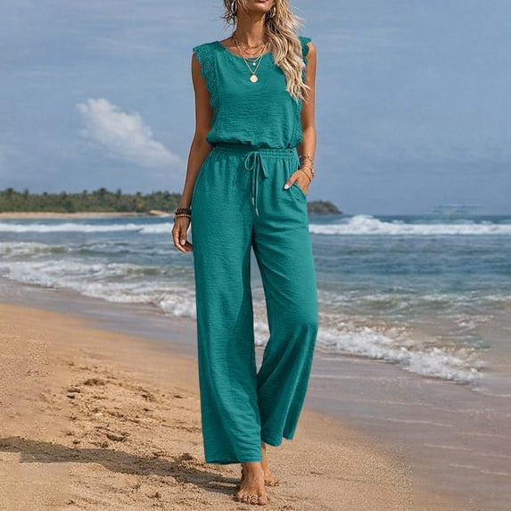 Pounoo Womens Jumpsuits Sleeveless Ruffle Trim Solid Color Drawstring Waist Overalls Casual Loose Lightweight Soft Comfy Daily Wear Gift