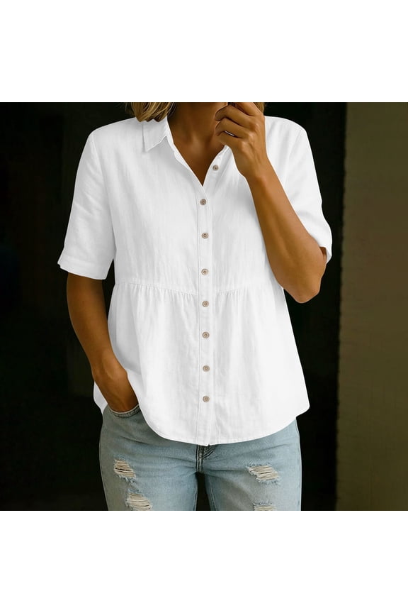 Womens Linen Peplum Shirts Loose Fit Half Sleeve Button Front Peplum Waist Breathable Tops Office Boho Style Blouses Gift