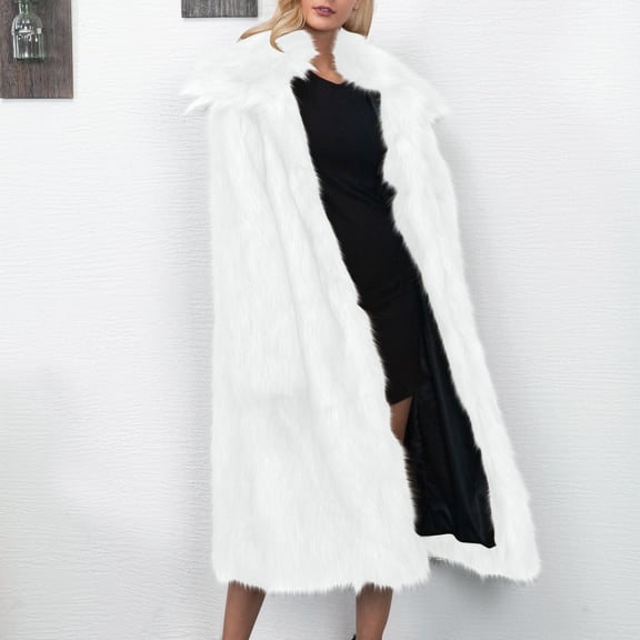 Pounoo Womens Long Fuzzy Fleece Coat Winter Lapel Cardigan Shaggy Outerwear Warm Chunky Long Overcoat with Pockets Gift