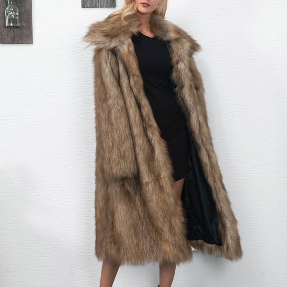 Pounoo Womens Long Fuzzy Fleece Coat Winter Lapel Cardigan Shaggy Outerwear Warm Chunky Long Overcoat with Pockets Gift