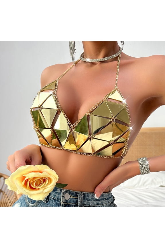 Womens Mirror Tile Tops Sleeveless Halter Neck Mirror Acrylic Tile Chain Accent Party Nights Club Outings Blouses Camis Tunics Gift