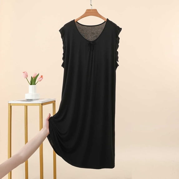 Pounoo Womens Modal Nightgowns Sleeveless Ruffle Trim Solid Sleep Dresses Casual Loose Lightweight Soft Comfy Sleepwear Gift