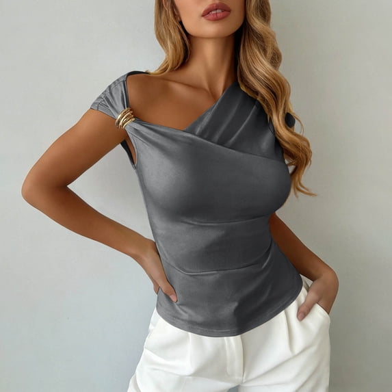 Pounoo Womens One Shoulder Tops Asymmetrical Solid Color Blouses Casual Slim Fit Lightweight Soft Comfy Party Wear Shirts Gift
