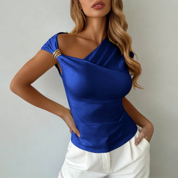 Pounoo Womens One Shoulder Tops Asymmetrical Solid Color Blouses Casual Slim Fit Lightweight Soft Comfy Party Wear Shirts Gift