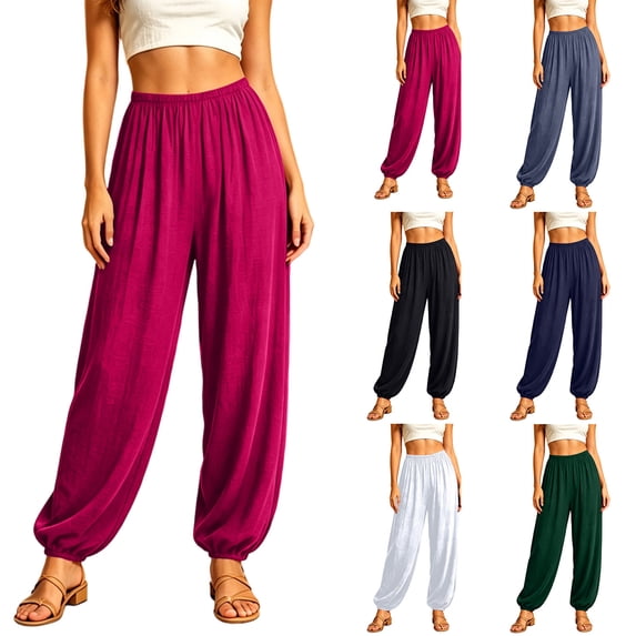 Pounoo Womens Pants Elastic Waist Cuffed Ankle Harem Pants Loose Fit Lightweight Casual Jogger Trousers For Daily Lounge