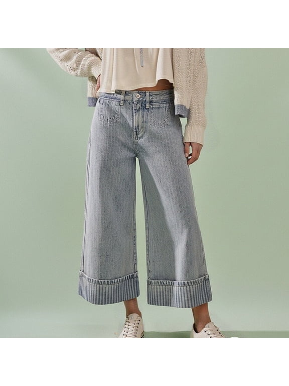 Womens Pants High Waist Vertical Striped Cuffed Hem Wide Leg Denim Cropped Pants Vintage Casual Jeans