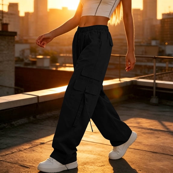 Pounoo Womens Parachute Cargo Pants Elastic Drawstring Waist Wide Leg Pants Modern Chic Style Breathable Comfortable Casual Pants Gift