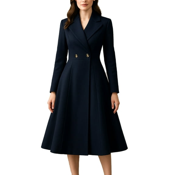 Pounoo Womens Pea Coat Double Breasted A Line Trench Coat Wool Blend Notch Lapel Overcoat Winter Dress Outerwear for Business Office with Pockets Gift